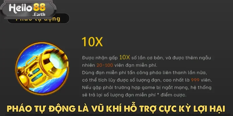 Bá Chủ Đại Dương – Game Bắn Cá Siêu Đỉnh Tại Hello88 5 Pháo Tự Động là vũ khí hỗ trợ cực kỳ lợi hại trong Bá Chủ Đại Dương